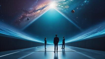 Fototapeta na wymiar three people standing in a space station looking at the stars