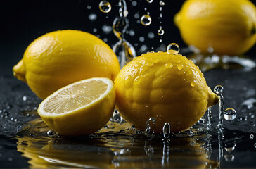 Colorful yellow lemon falling into water