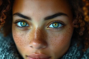 Fototapeta premium Artistic close-up portrait of a young woman with big green eyes and even-toned freckle-kissed skin in tranquil lighting