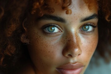 Fototapeta premium Warm, engaging close-up of a woman with vivid green eyes, curly hair, and freckled skin basking in soft lighting