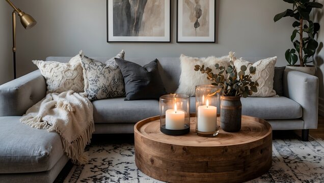 Inviting apartment living room with a modern bohemian flair, showcasing a light gray settee, ornamental pillows, a timber table with candle decor, and natural embellishments Generative AI