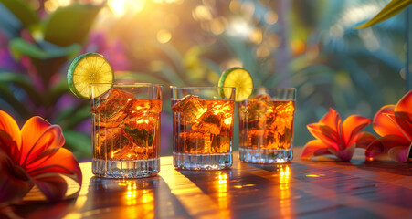 Three glasses of rum on the wooden table - obrazy, fototapety, plakaty