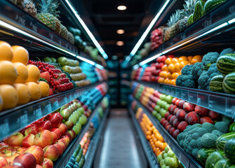 Supermarket isle with shelves full of fresh fruits and vegetables