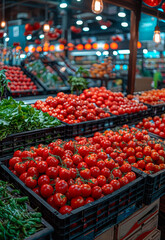 Fototapeta na wymiar Fresh tomatoes in boxes on the market