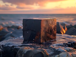 Black stone cube podium or pedestal set on a rock by seaside coastline , natural, fresh vibe mock up for product display scene and product presentation