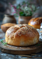 Homemade round bread with sesame seeds on wooden board