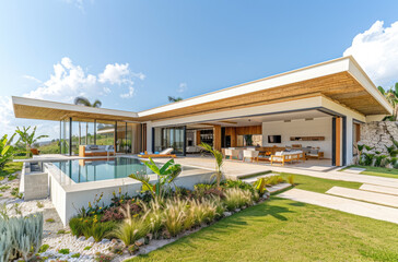 Fototapeta na wymiar A wide-angle photo of a modern bungalow villa with a pool in a tropical country. Large glass windows and doors overlook the garden and swimming pool, with outdoor seating