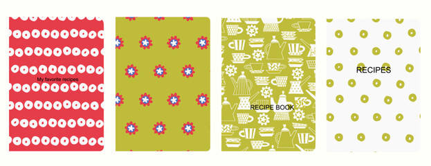 Cover page vector templates for dessert recipes books with hand drawn coffee cups, pots, cakes, pastry. Cookery books cover layout. Based on seamless patterns. Headers isolated and replaceable