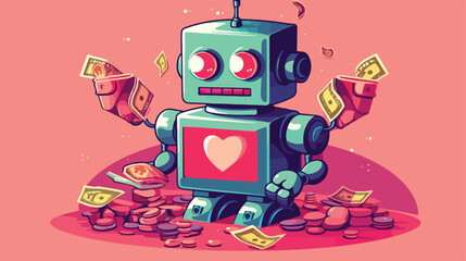 Retro robot with pink fund. Course of robotica flat