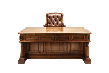 Wooden Desk With Brown Leather Chair. On a Transparent Background.