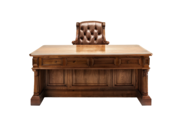 Wooden Desk With Brown Leather Chair. On a Transparent Background.