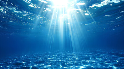 A clear blue ocean with sunlight shining through the water. The sunlight creates a beautiful and...
