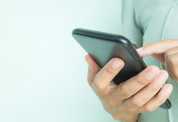 Moblie Close up, Woman using App Call Smartphone Technology for Business and Lifestyle People, Person Play Phone for Shop Media  she Screen Text Message Contact and Gen AI Digital Wifi Internet.