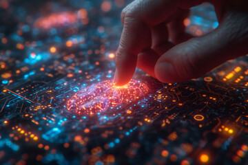 Finger pointing at glowing circuit board.