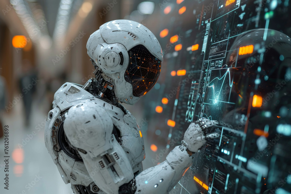 Poster cyborg presses the keys on the virtual screen. concept of the future.