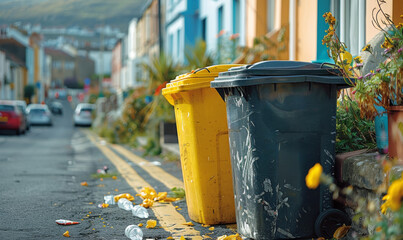 Two wheelie bins and rubbish on the street - obrazy, fototapety, plakaty