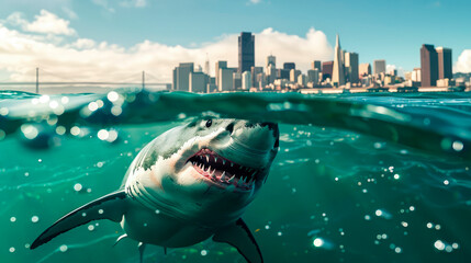 A shark under the water reaching to the surface, and there the cityscape showing on the background...