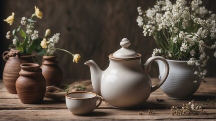 A classic teapot with a matching cup, surrounded by fresh flowers and pottery; cozy and rustic feel