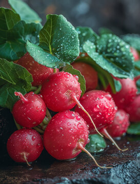 Fresh radishes with water drops on dark background