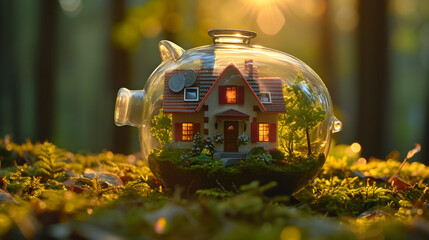 Creative image of savings on buying a house with grass growing in the shape of a house inside a transparent piggy bank.