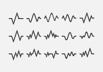 black and white simple flat 1bit vector pixel art set of heartbeat cardiogram lines