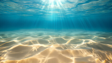 A beautiful blue ocean with sunlight shining through the water. The scene is peaceful and serene,...