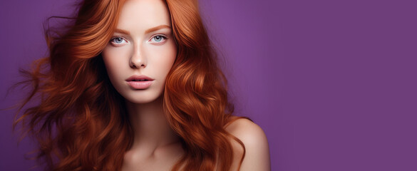 Fototapeta premium Portrait of an elegant, sexy happy Caucasian woman with perfect skin and red hair, on a purple background, banner.