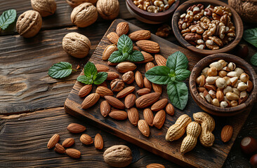 Different types of nuts in bowls on wooden table