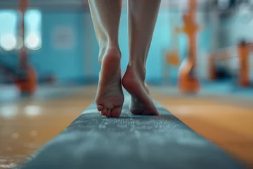 Fotobehang Close up of a female gymnast's feet on a balance beam in a gymnasium © Ployker