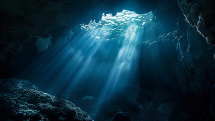 A deep blue cave with sunlight shining through the cracks. The light is reflecting off the water and creating a beautiful scene - obrazy, fototapety, plakaty