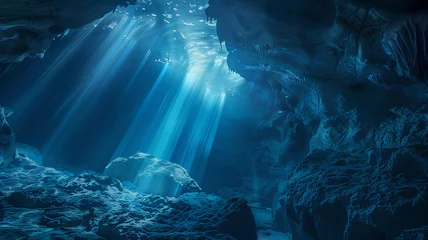 Foto op Aluminium Reflectie A deep blue cave with sunlight shining through the cracks. The light is reflecting off the water and creating a beautiful scene