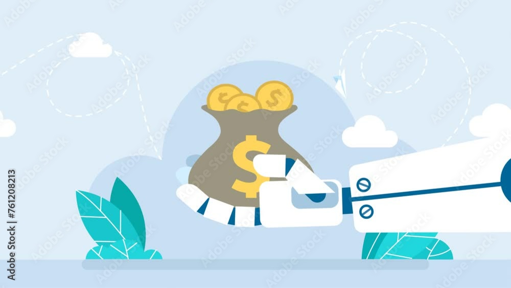 Poster the robot is holding a bag full of money in its hand. modern robotic artificial intelligence. electr