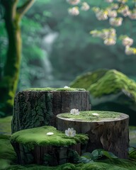 Obraz premium round wooden podium or pedestal cover with green moss in tropical rainforest , mock up for product display scene and product presentation