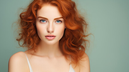 Fototapeta premium Portrait of an elegant, sexy happy Caucasian woman with perfect skin and red hair, on a light green background, banner.