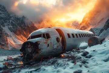 old crashed passenger airplane in mountains in winter