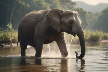 A contented elephant bathing in a tranquil river, spraying water playfully with its trunk