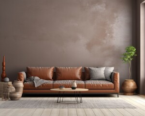 brown sofa in living room with copy space