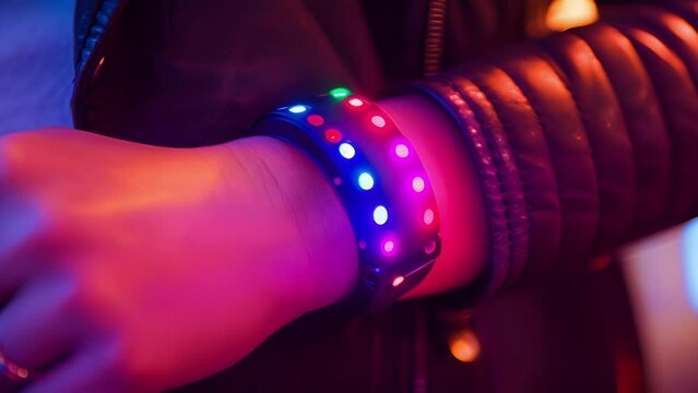 A closeup of a womans wrist wearing a fertility tracker the device featuring colorful lights to indicate ovulation days.