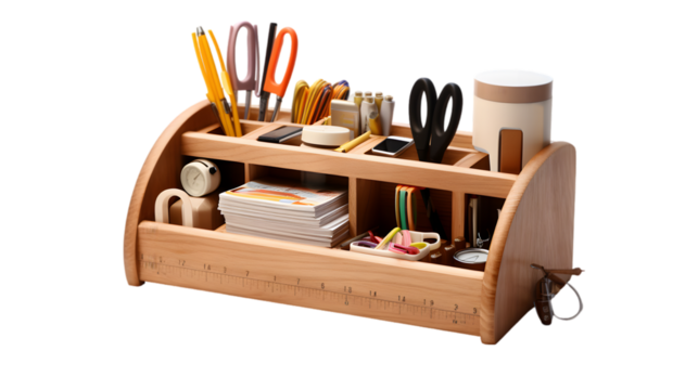 Desktop organizer with school stationary and office supplies. PNG file