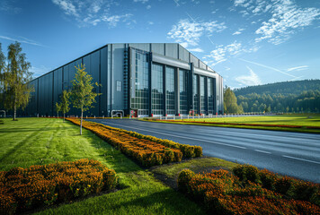 Exterior of modern factory building with office buildings and flowerbeds - obrazy, fototapety, plakaty