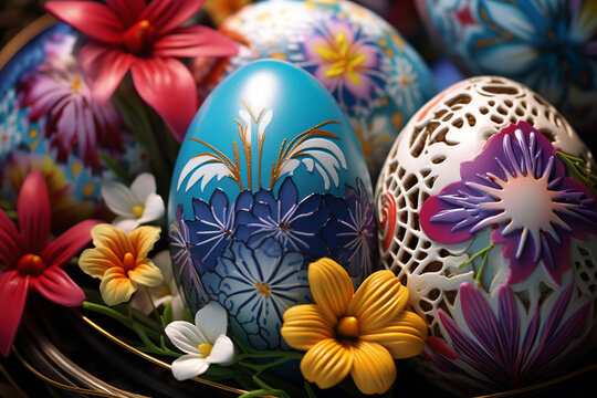 Generative ai on theme celebration holiday Easter with bright eggs are main accessory at abstract background