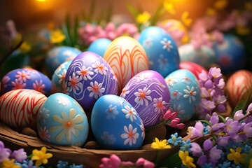 Fototapeta na wymiar Generative ai on theme celebration holiday Easter with bright eggs are main accessory at abstract background