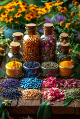 Colorful spices and herbs on the table
