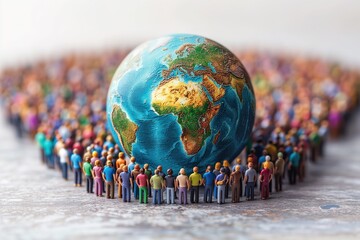 A diverse group of individuals, each adorned with unique beaded jewelry, gathered in front of a vibrant globe as they appreciate the beauty and interconnectedness of art and the world