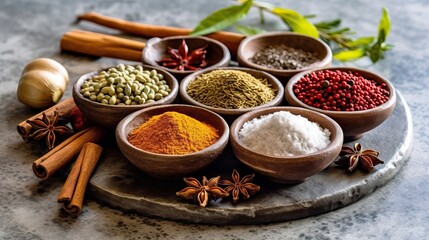 Spices. Photo of fresh herbs. Assortment of fresh and dried seasonings and herbs on a marble background.