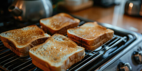 Toasted Bread Slices in Toaster. Close-up of Crunchy slices of perfectly toasted bread in a toaster, with a cozy kitchen background.