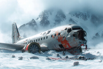 old crashed passenger plane in snowy mountains in winter