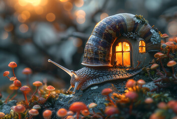 Snail and the lantern on the forest