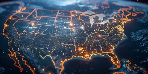 digital map of the United States, the idea of the global network and connectivity in North America, data transfer, and cybertechnology,