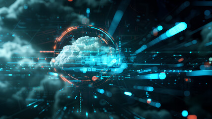 A cityscape with a large cloud in the sky. The city is lit up with bright lights, creating a futuristic and otherworldly atmosphere